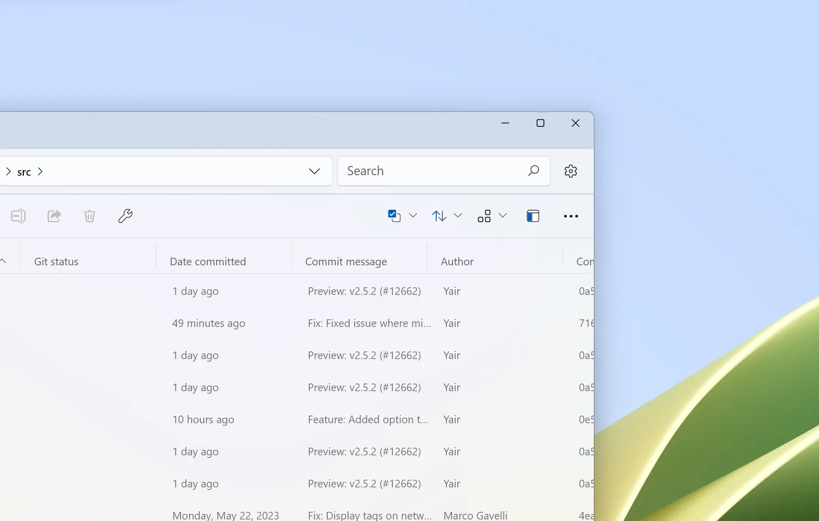 Git columns in the details layout.