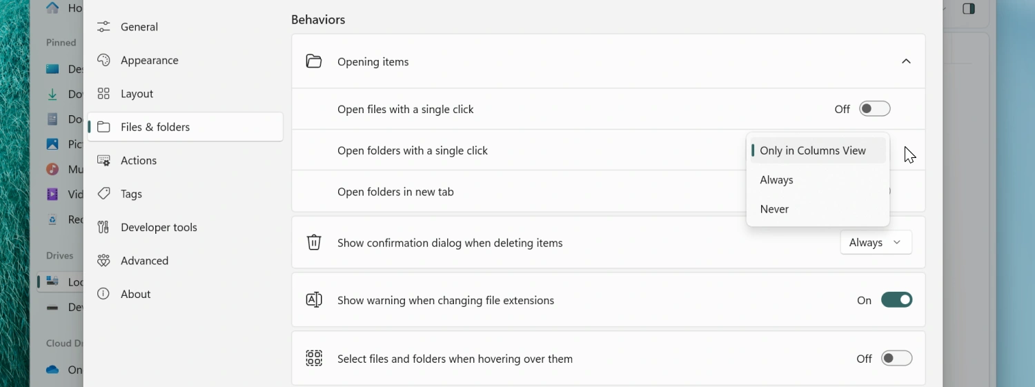 Opening items settings