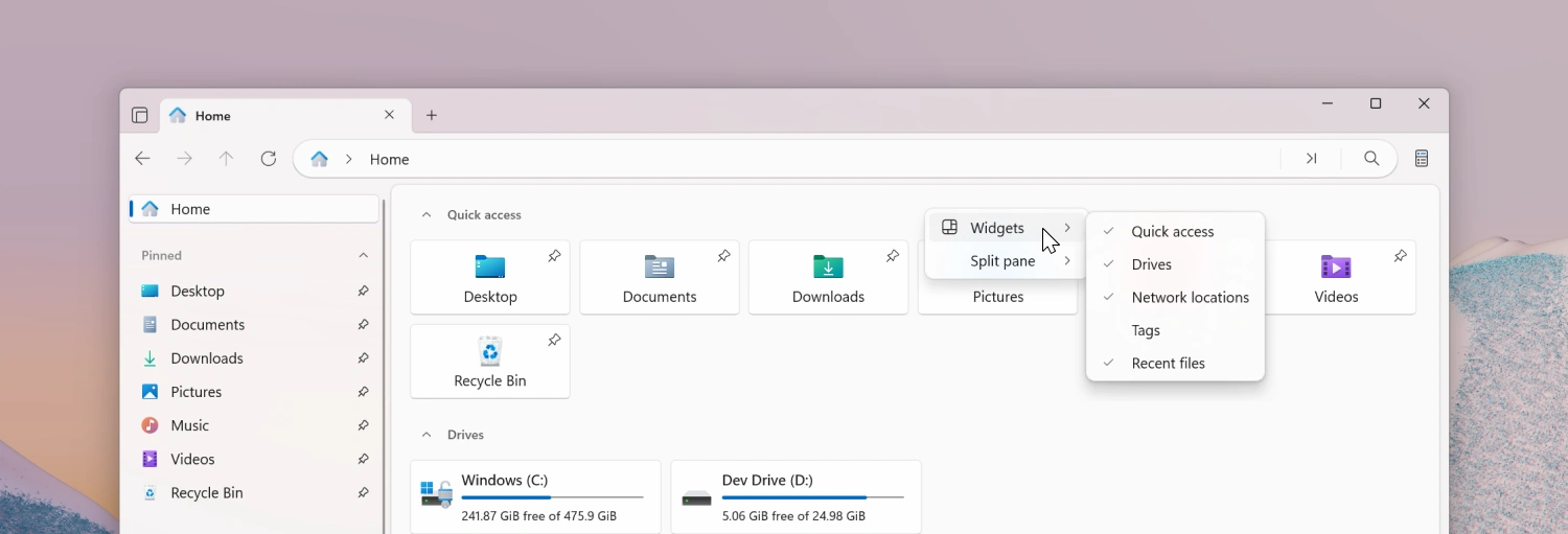 Home page context menu
