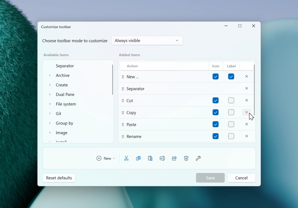 Toolbar customization window