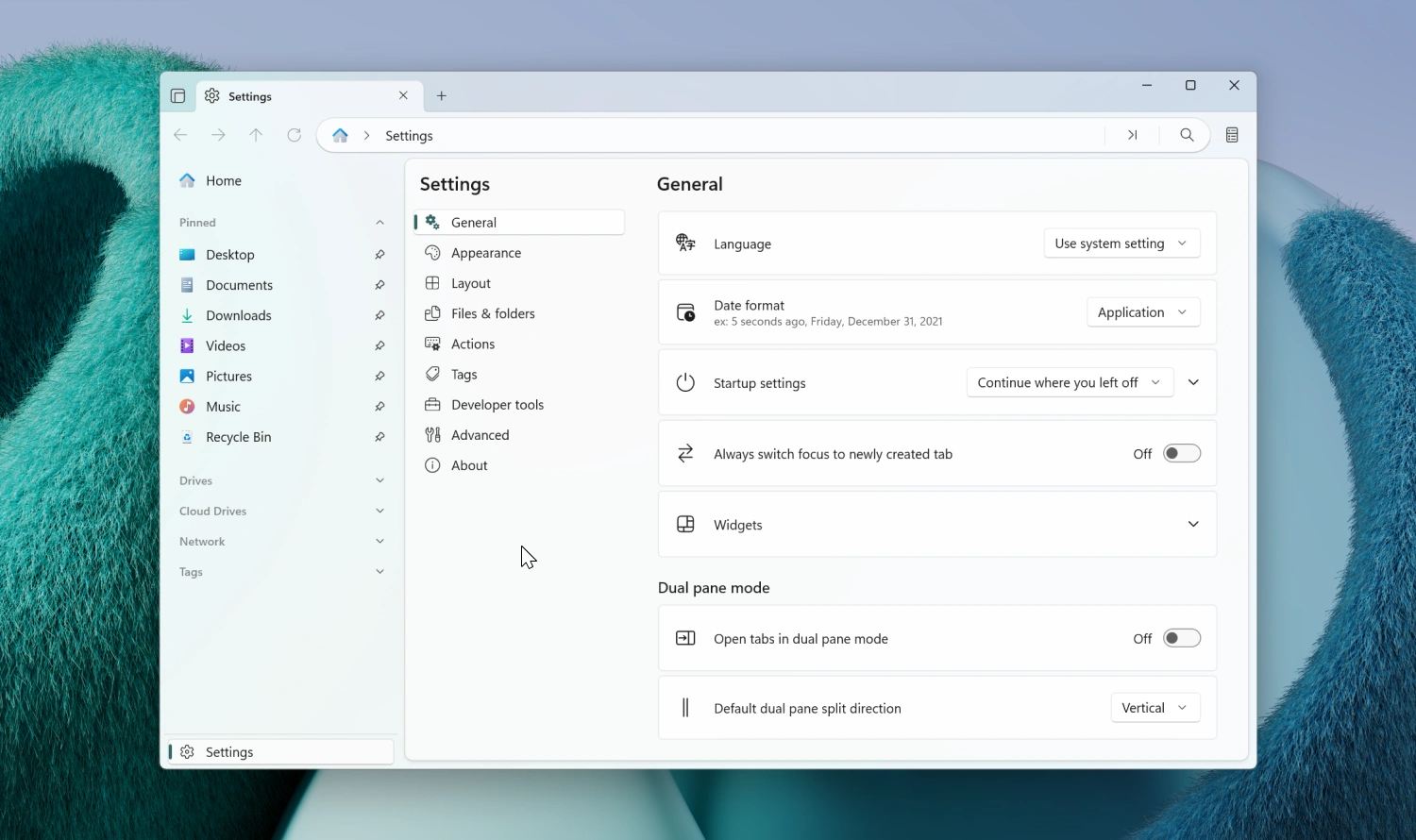 Settings page