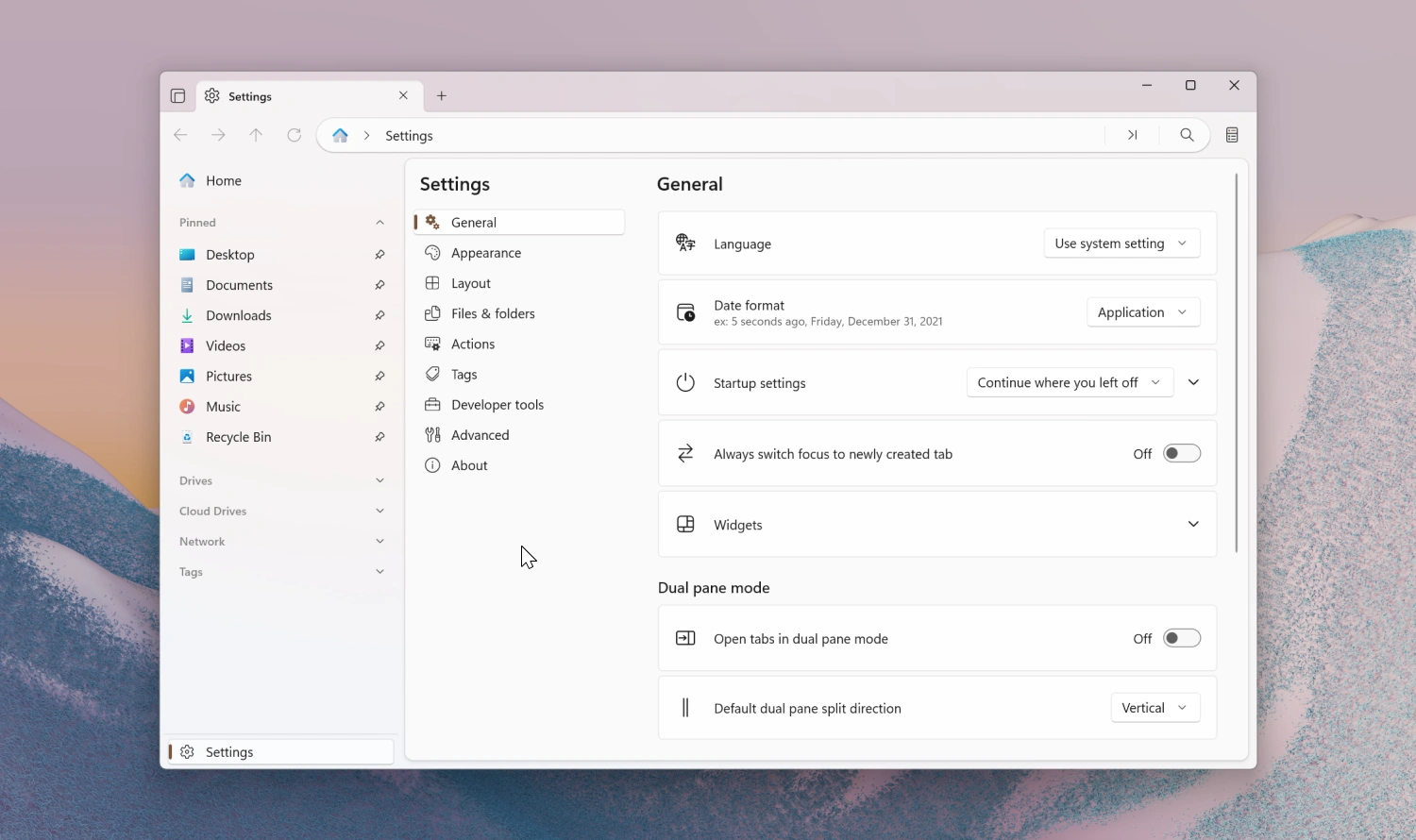 Settings page