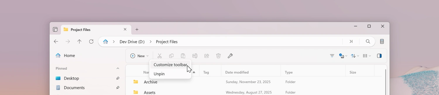 Toolbar context menu