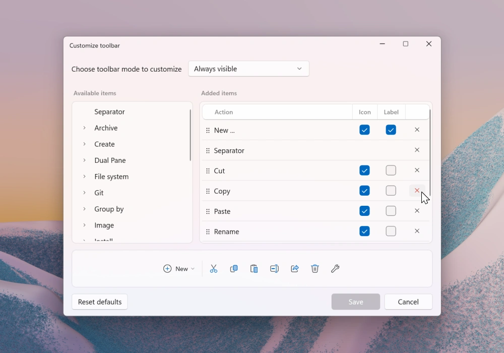 Toolbar customization window