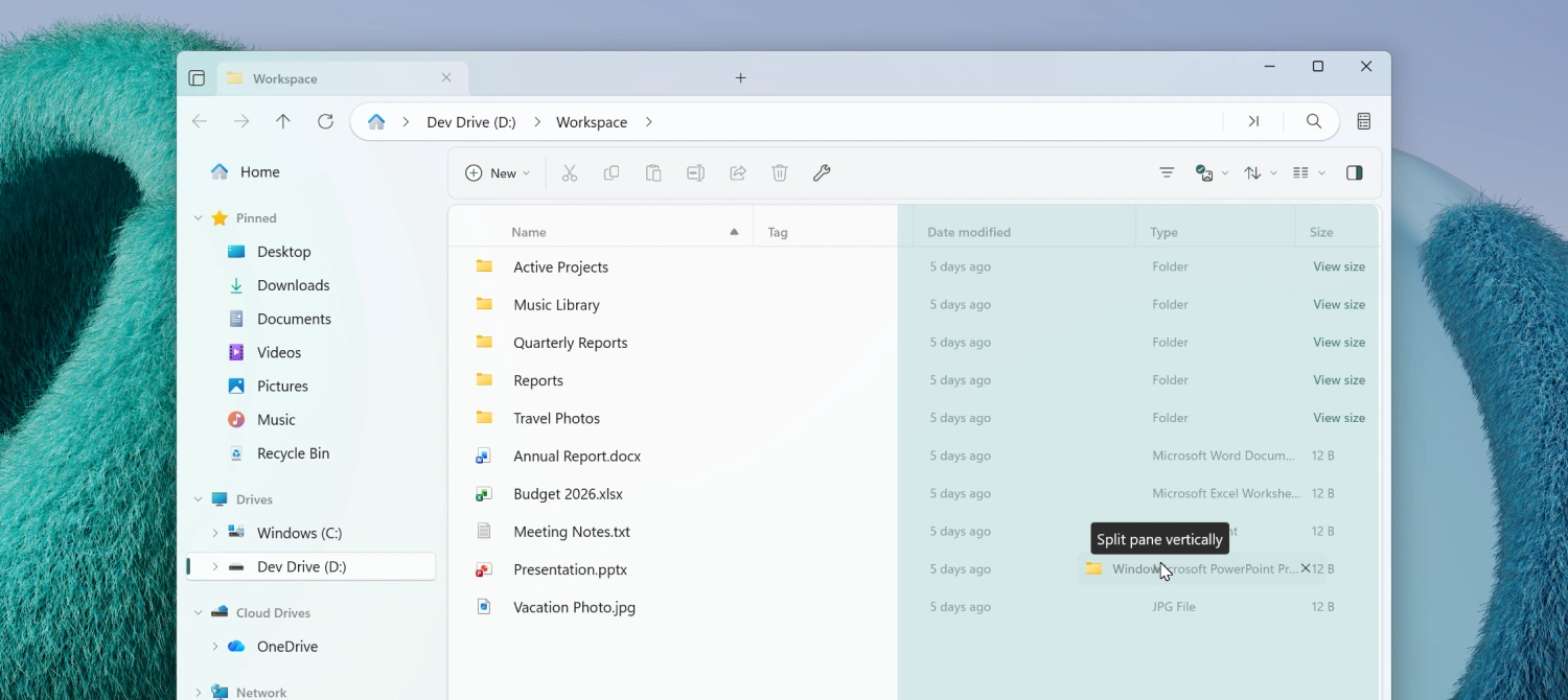 Drag a tab to create a new pane