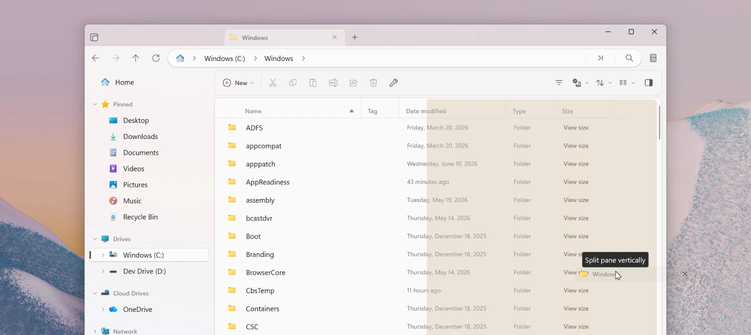 Drag a tab to create a new pane