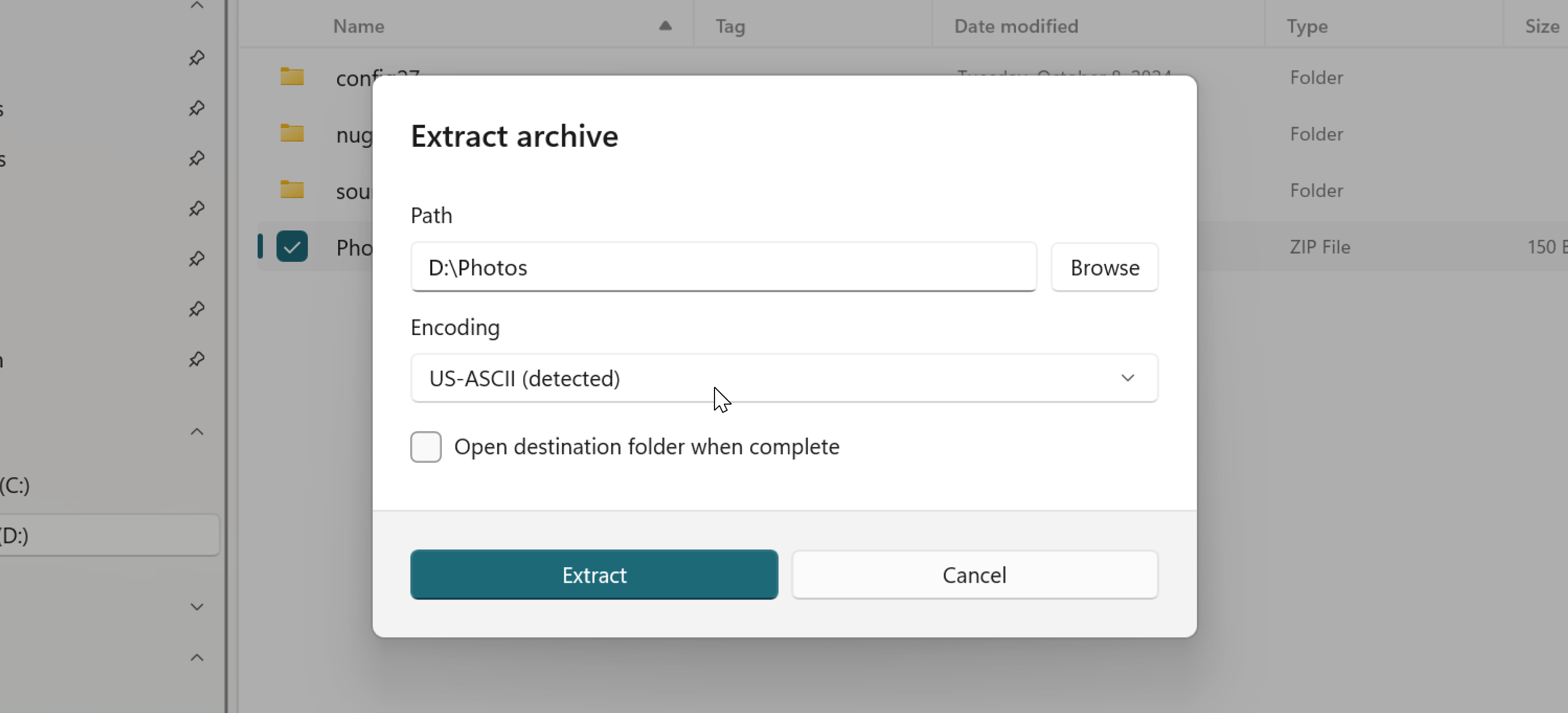 Extract archive dialog