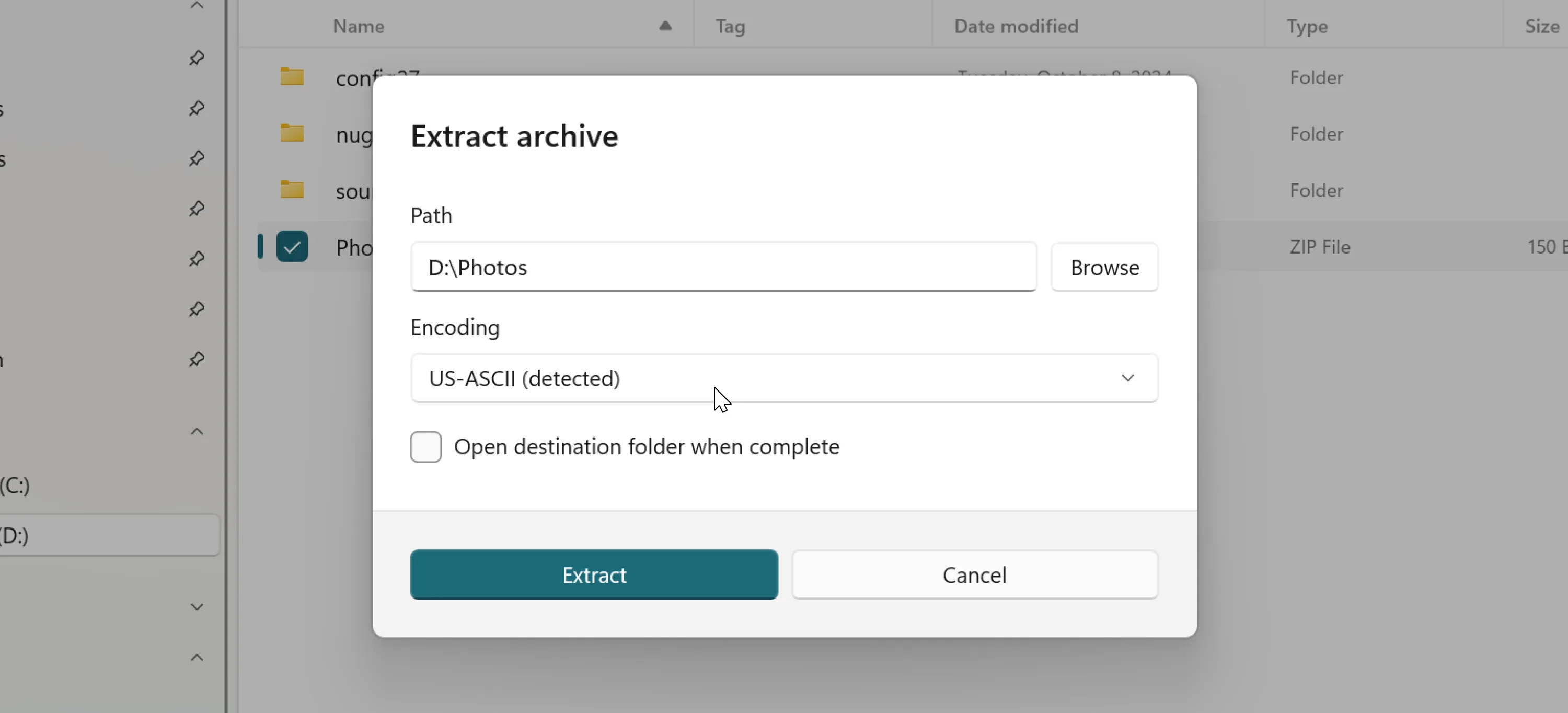 Extract archive dialog