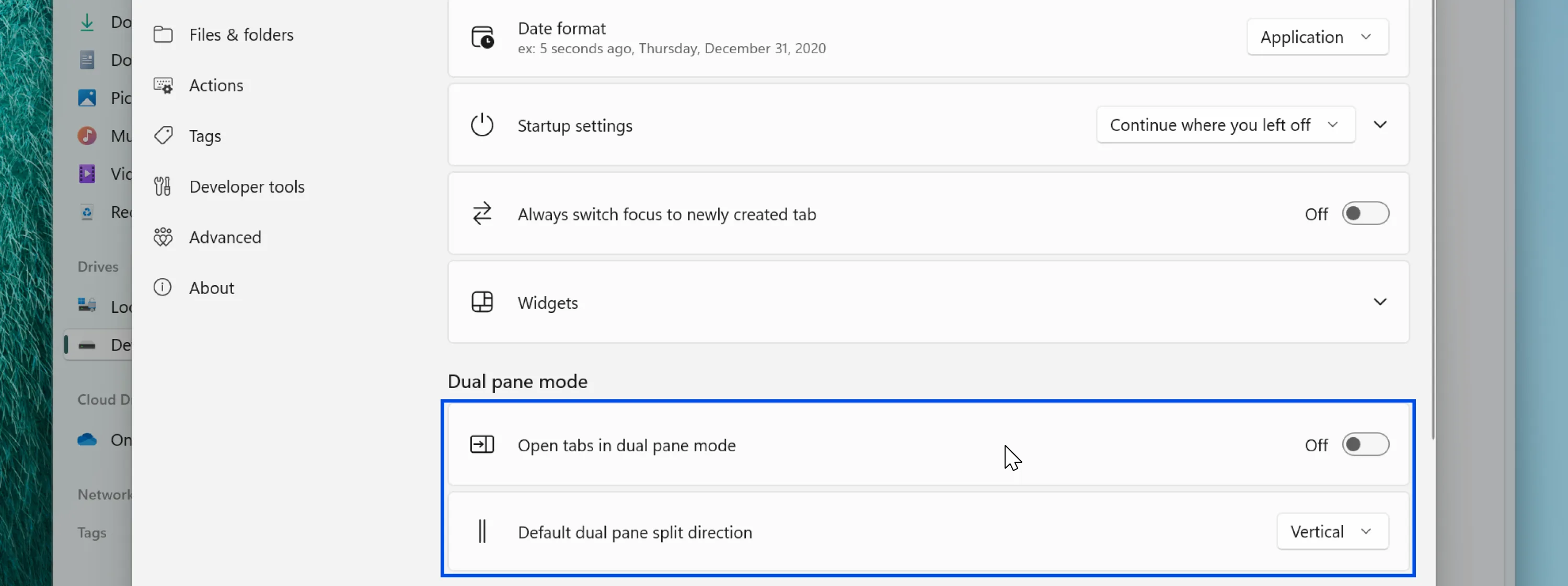 Dual pane settings