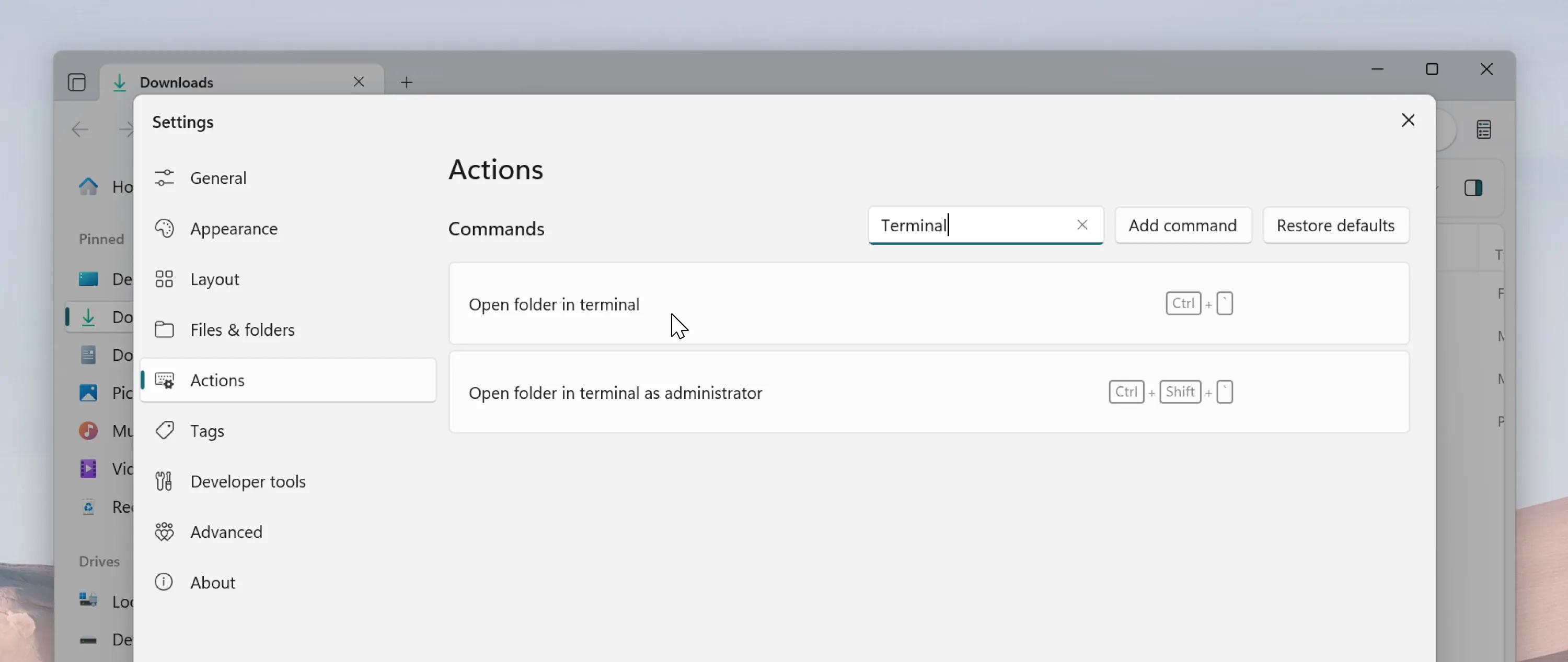 Search box on the actions page