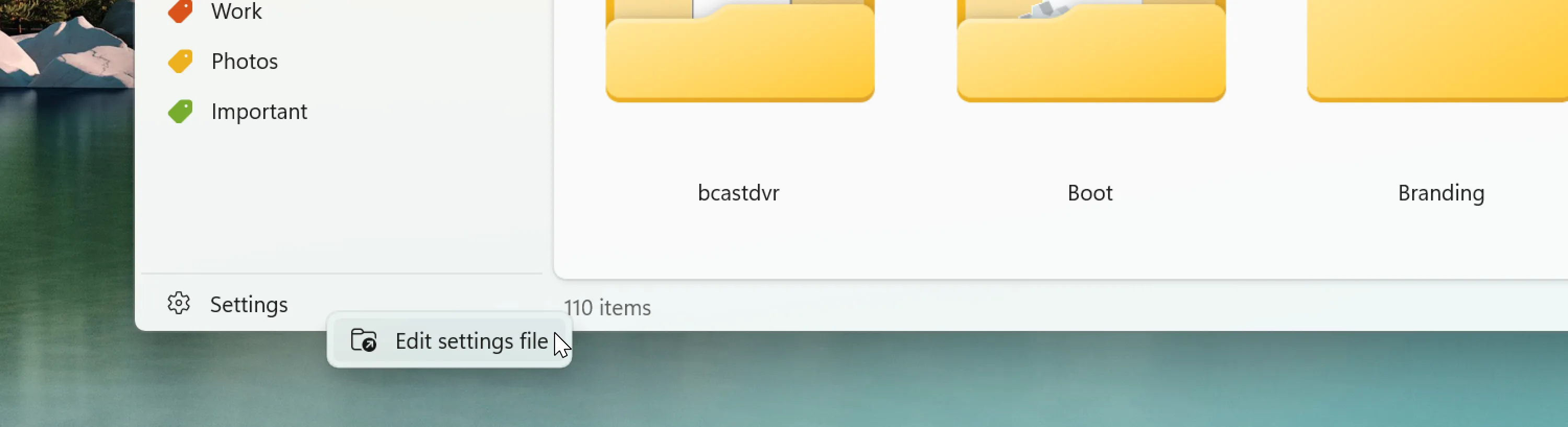 Settings context menu