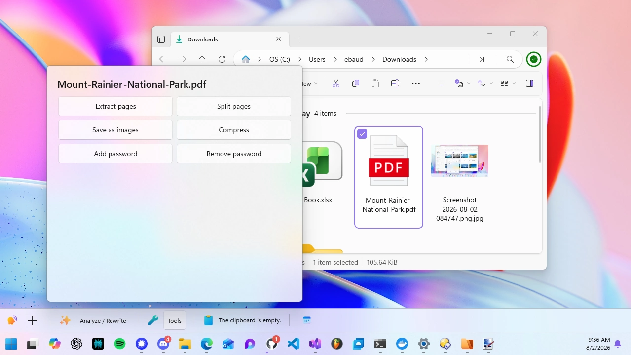 WindowSill showing PDF tools for a document selected in Files