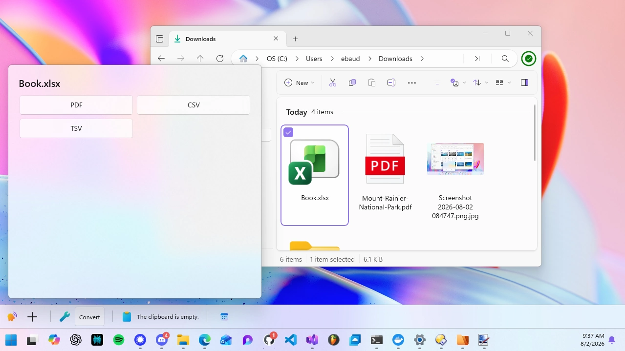 WindowSill offering to convert a spreadsheet selected in Files to PDF, CSV, or TSV